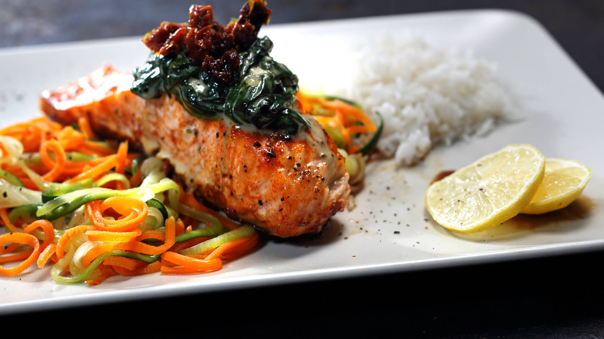 Grilled Salmon with Courgette (Zucchini) Spaghetti and Santa Helena Rosé